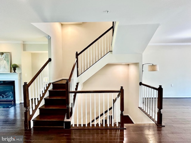 6967 Country Club Ter, New Market, MD 21774 - staircase with wood finished floors, crown molding, baseboards, and a glass covered fireplace