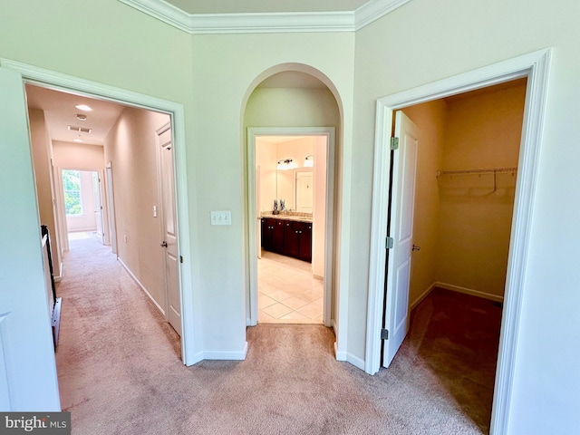 6967 Country Club Ter, New Market, MD 21774 - corridor featuring light colored carpet, crown molding, and baseboards