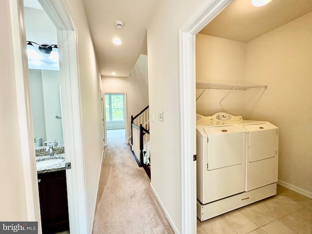 6967 Country Club Ter, New Market, MD 21774 - laundry room with separate washer and dryer, a sink, baseboards, recessed lighting, and light colored carpet