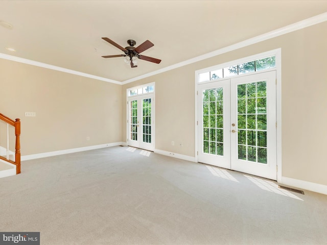 739 Hidden Marsh St, Gaithersburg, MD 20877 - unfurnished room with french doors, crown molding, baseboards, carpet, and a ceiling fan
