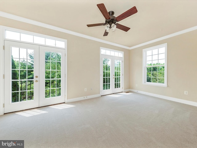 739 Hidden Marsh St, Gaithersburg, MD 20877 - spare room with french doors, baseboards, crown molding, carpet, and ceiling fan