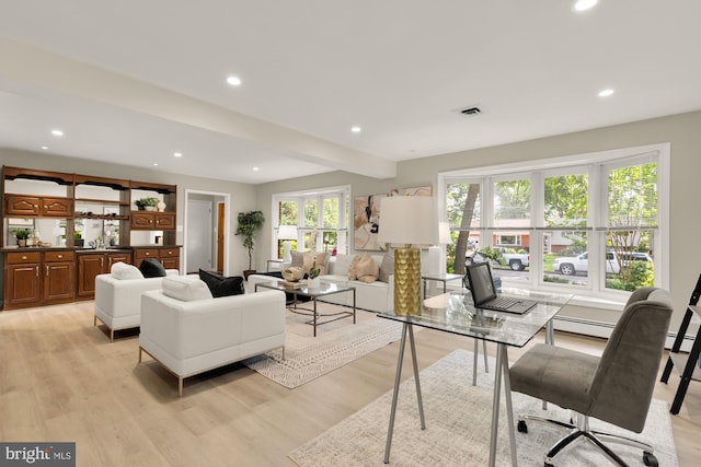 5404 Nedra Ave, Alexandria, VA 22310 - living area featuring light wood-style flooring, recessed lighting, a desk, and baseboard heating