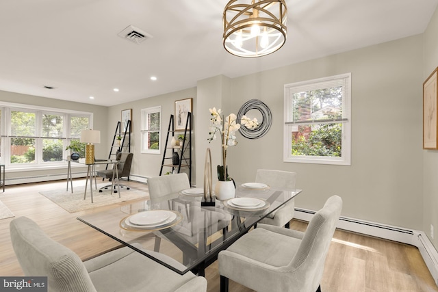 5404 Nedra Ave, Alexandria, VA 22310 - dining room featuring a chandelier, wood finished floors, recessed lighting, and baseboard heating