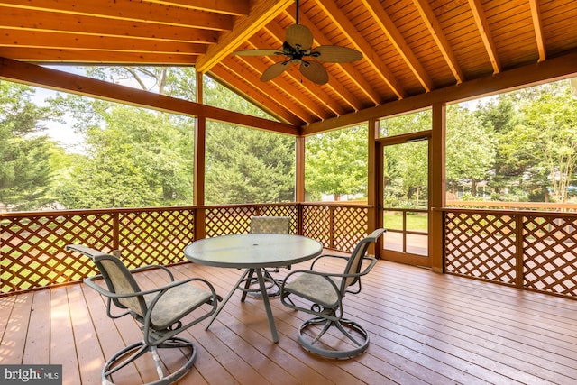 5404 Nedra Ave, Alexandria, VA 22310 - wooden deck with a ceiling fan, outdoor dining area, and view of wooded area