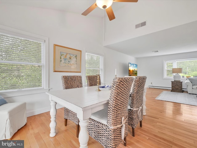 2054 Buckskin Cv, Auburn, PA 17922 - dining area with ceiling fan, light wood-style floors, a baseboard radiator, and baseboards