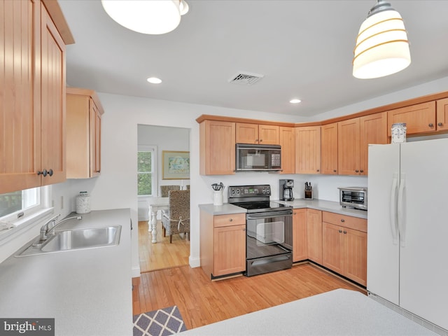 2054 Buckskin Cv, Auburn, PA 17922 - kitchen with freestanding refrigerator, electric range, a sink, light wood-style flooring, and light countertops