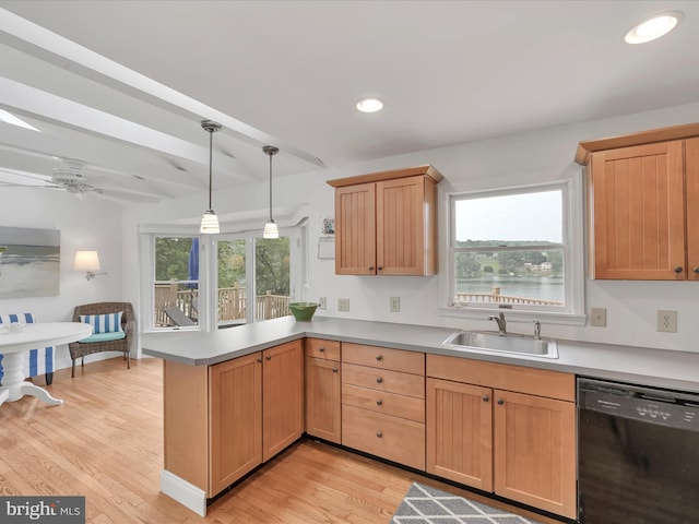 2054 Buckskin Cv, Auburn, PA 17922 - kitchen with black dishwasher, a sink, a peninsula, light wood-type flooring, and recessed lighting