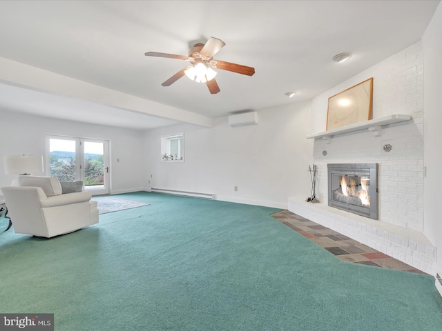 2054 Buckskin Cv, Auburn, PA 17922 - unfurnished living room featuring a baseboard heating unit, carpet, a brick fireplace, and an AC wall unit