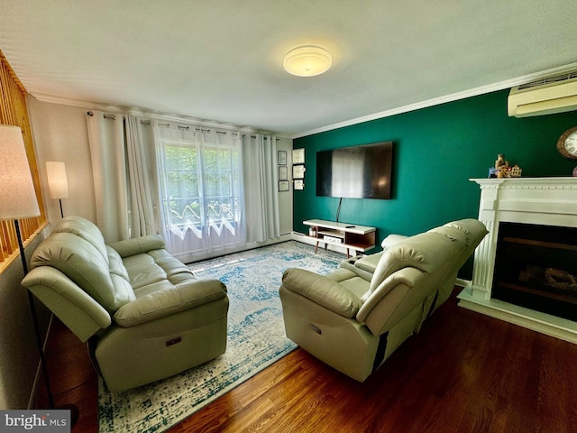 701 25th St, Huntingdon, PA 16652 - living area featuring wood finished floors, crown molding, a wall mounted AC, and a fireplace with raised hearth