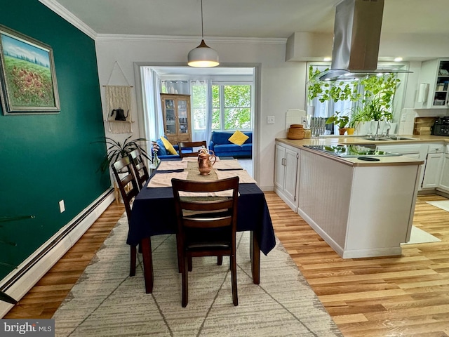 701 25th St, Huntingdon, PA 16652 - dining area featuring a baseboard heating unit, light wood finished floors, ornamental molding, and baseboards