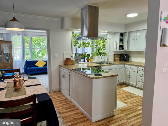 701 25th St, Huntingdon, PA 16652 - kitchen with island range hood, black electric stovetop, a peninsula, tasteful backsplash, and light wood-style flooring