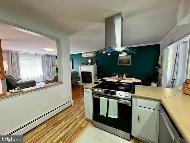 701 25th St, Huntingdon, PA 16652 - kitchen with appliances with stainless steel finishes, a baseboard radiator, island range hood, light countertops, and open floor plan