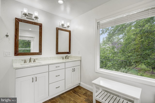 3 Monroe Ct, Plainsboro, NJ 08536 - bathroom with double vanity, wood finished floors, baseboards, and recessed lighting