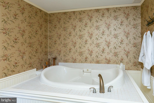 417 E Washington St, Charles Town, WV 25414 - full bath featuring wallpapered walls, a wainscoted wall, a garden tub, and crown molding