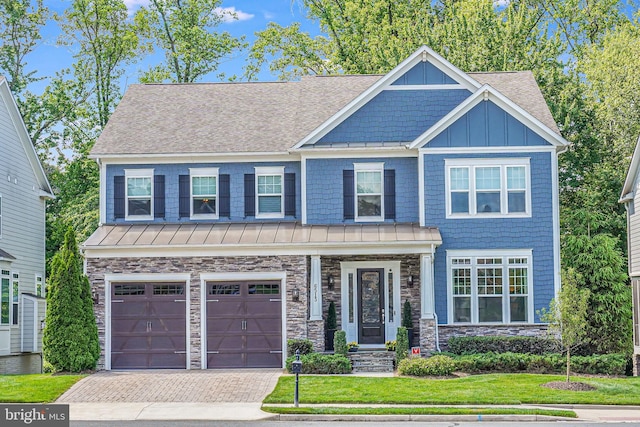 6513 Manor Ridge Ct, Falls Church, VA 22043 - craftsman inspired home featuring a standing seam roof, roof with shingles, decorative driveway, and a garage