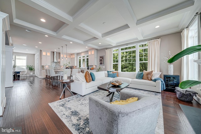 6513 Manor Ridge Ct, Falls Church, VA 22043 - living area featuring coffered ceiling, beam ceiling, recessed lighting, and dark wood-style flooring