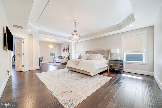 6513 Manor Ridge Ct, Falls Church, VA 22043 - bedroom featuring a tray ceiling, ornamental molding, decorative columns, dark wood-style floors, and baseboards