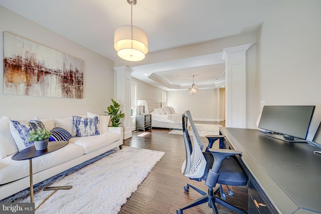 6513 Manor Ridge Ct, Falls Church, VA 22043 - office with ornate columns, a raised ceiling, wood finished floors, baseboards, and crown molding