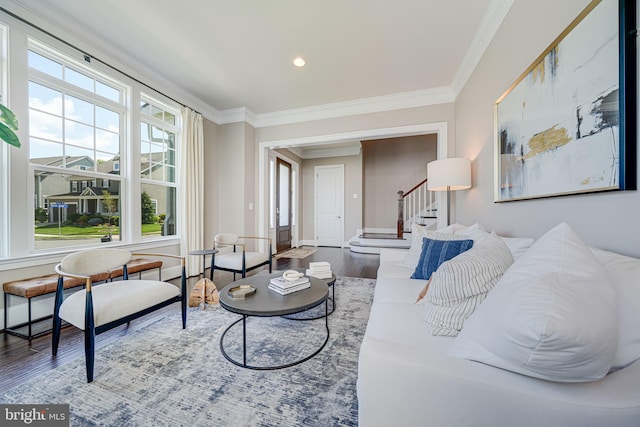 6513 Manor Ridge Ct, Falls Church, VA 22043 - living area with ornamental molding, wood finished floors, stairs, baseboards, and recessed lighting