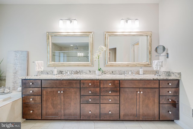 6513 Manor Ridge Ct, Falls Church, VA 22043 - bathroom with double vanity, tiled shower, a garden tub, and tile patterned floors