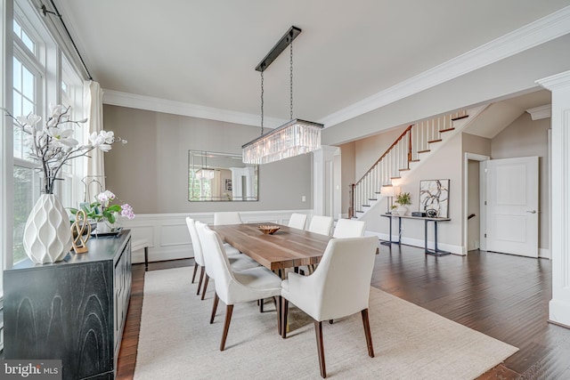 6513 Manor Ridge Ct, Falls Church, VA 22043 - dining area featuring stairs, crown molding, dark wood finished floors, and wainscoting