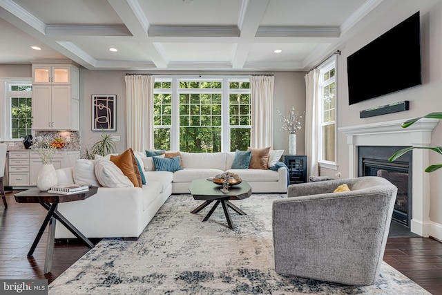 6513 Manor Ridge Ct, Falls Church, VA 22043 - living area featuring a glass covered fireplace, beam ceiling, coffered ceiling, crown molding, and dark wood-style floors
