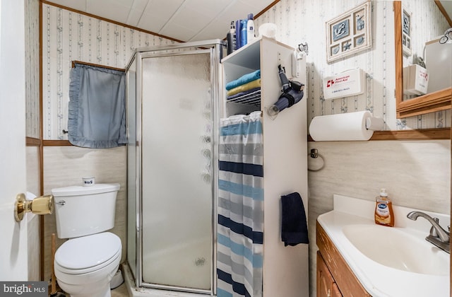 1132 State Rd, Duncannon, PA 17020 - full bath with wallpapered walls, ornamental molding, a stall shower, toilet, and vanity