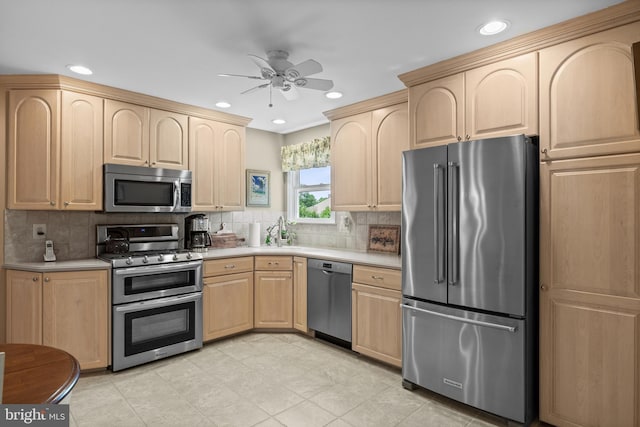 419 Saratoga Dr, Cherry Hill, NJ 08002 - kitchen with stainless steel appliances, light brown cabinetry, ceiling fan, light countertops, and recessed lighting