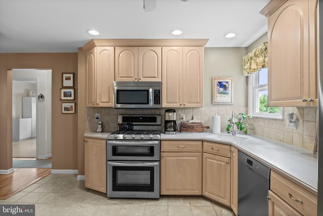 419 Saratoga Dr, Cherry Hill, NJ 08002 - kitchen with light brown cabinetry, appliances with stainless steel finishes, tasteful backsplash, light countertops, and recessed lighting