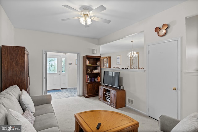 419 Saratoga Dr, Cherry Hill, NJ 08002 - living room with light carpet, ceiling fan, and a chandelier