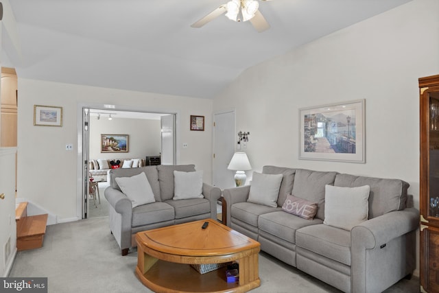 419 Saratoga Dr, Cherry Hill, NJ 08002 - living room featuring ceiling fan, light colored carpet, and lofted ceiling