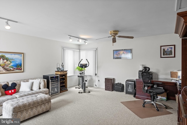 419 Saratoga Dr, Cherry Hill, NJ 08002 - carpeted office featuring rail lighting, wine cooler, and a ceiling fan