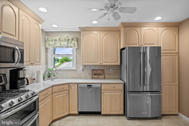 419 Saratoga Dr, Cherry Hill, NJ 08002 - kitchen with stainless steel appliances, light brown cabinetry, ceiling fan, light countertops, and recessed lighting