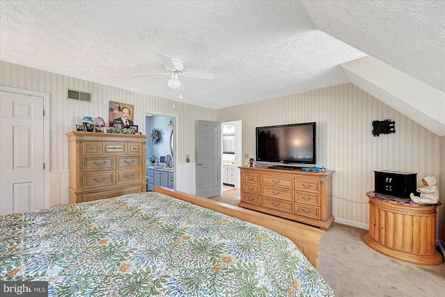 11 Thomas Cir, New Freedom, PA 17349 - bedroom featuring wallpapered walls, a textured ceiling, light colored carpet, connected bathroom, and vaulted ceiling