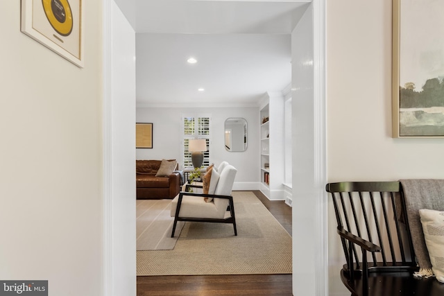 661 Timber Ln, Devon, PA 19333 - hallway with wood finished floors, ornamental molding, recessed lighting, and baseboards