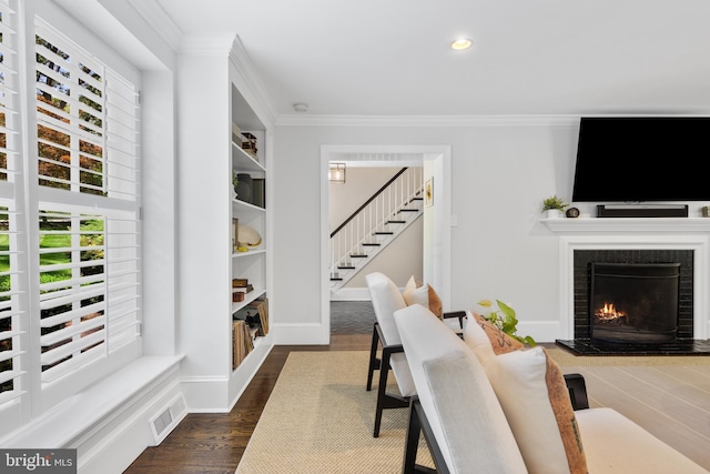 661 Timber Ln, Devon, PA 19333 - office with dark wood-style flooring, a tile fireplace, recessed lighting, crown molding, and baseboards
