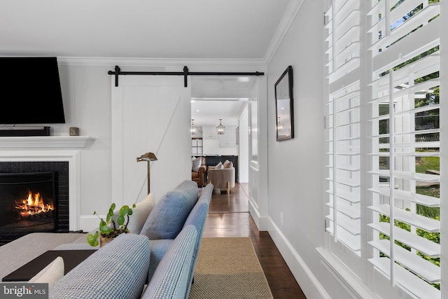 661 Timber Ln, Devon, PA 19333 - hall featuring crown molding, dark wood-style flooring, a barn door, baseboards, and healthy amount of natural light