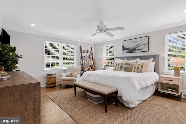 661 Timber Ln, Devon, PA 19333 - bedroom with ornamental molding, recessed lighting, wood finished floors, a ceiling fan, and baseboards