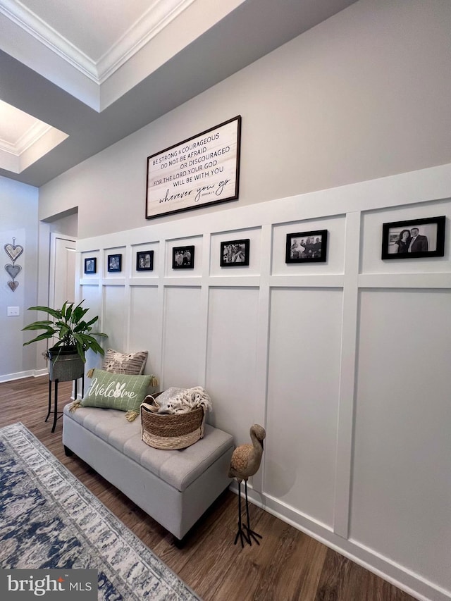1143 Kayla Ln, Townsend, DE 19734 - living area with ornamental molding, dark wood finished floors, a decorative wall, a raised ceiling, and a skylight