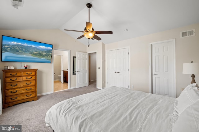 45711 Winding Branch Ter, Sterling, VA 20166 - carpeted bedroom with baseboards, vaulted ceiling, a closet, a ceiling fan, and ensuite bathroom