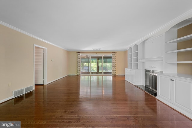 516 Merrimans Ln, Winchester, VA 22601 - unfurnished living room featuring ornamental molding, wood finished floors, a high end fireplace, and built in shelves
