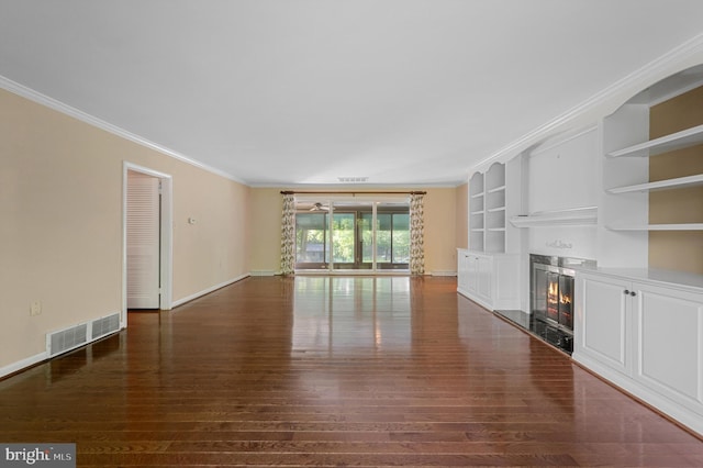 516 Merrimans Ln, Winchester, VA 22601 - unfurnished living room featuring wood finished floors, ornamental molding, a high end fireplace, and built in shelves