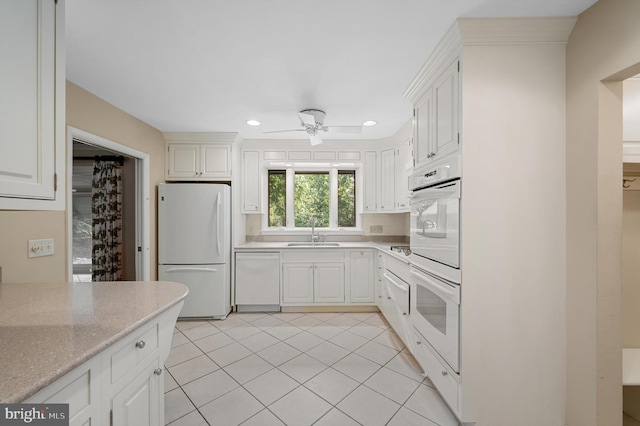 516 Merrimans Ln, Winchester, VA 22601 - kitchen featuring white appliances, recessed lighting, a ceiling fan, light tile patterned floors, and light stone counters