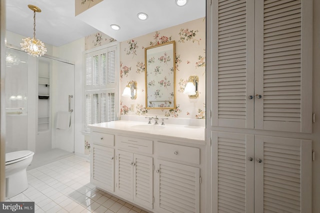 516 Merrimans Ln, Winchester, VA 22601 - bathroom with wallpapered walls, vanity, a closet, tile patterned floors, and a shower stall