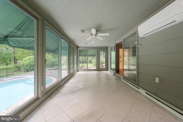 516 Merrimans Ln, Winchester, VA 22601 - unfurnished sunroom featuring a baseboard radiator, a wall mounted air conditioner, a ceiling fan, and tile patterned flooring