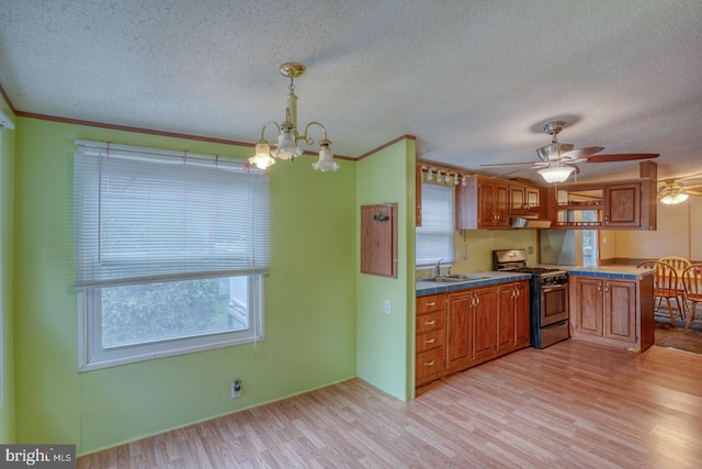 32588 Captains Way, Millsboro, DE 19966 - kitchen with stainless steel gas stove, a textured ceiling, a sink, light wood finished floors, and brown cabinets
