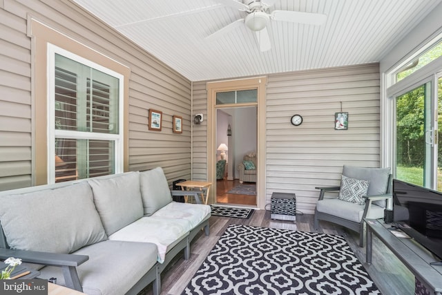 36769 E Pebble Beach Dr, Frankford, DE 19945 - sunroom featuring an outdoor hangout area and ceiling fan