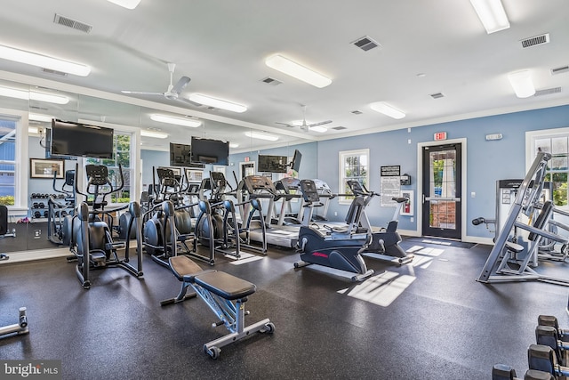 36769 E Pebble Beach Dr, Frankford, DE 19945 - workout area featuring a ceiling fan and baseboards