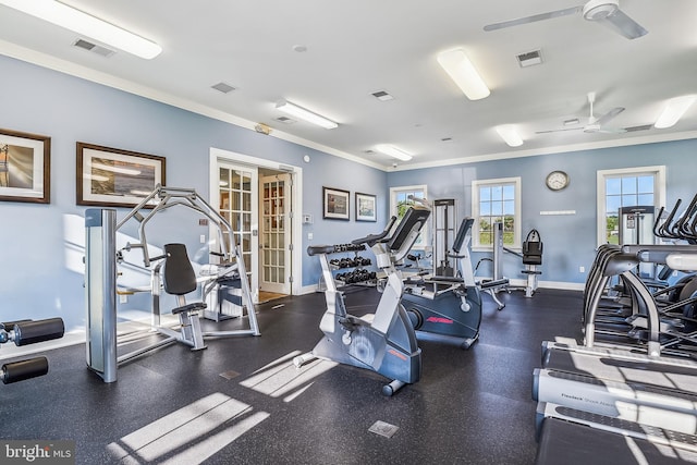 36769 E Pebble Beach Dr, Frankford, DE 19945 - workout area with a ceiling fan and crown molding