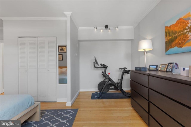 3028 Wisconsin Ave NW Unit 402, Washington, DC 20016 - bedroom with light wood-style floors, crown molding, a closet, and track lighting
